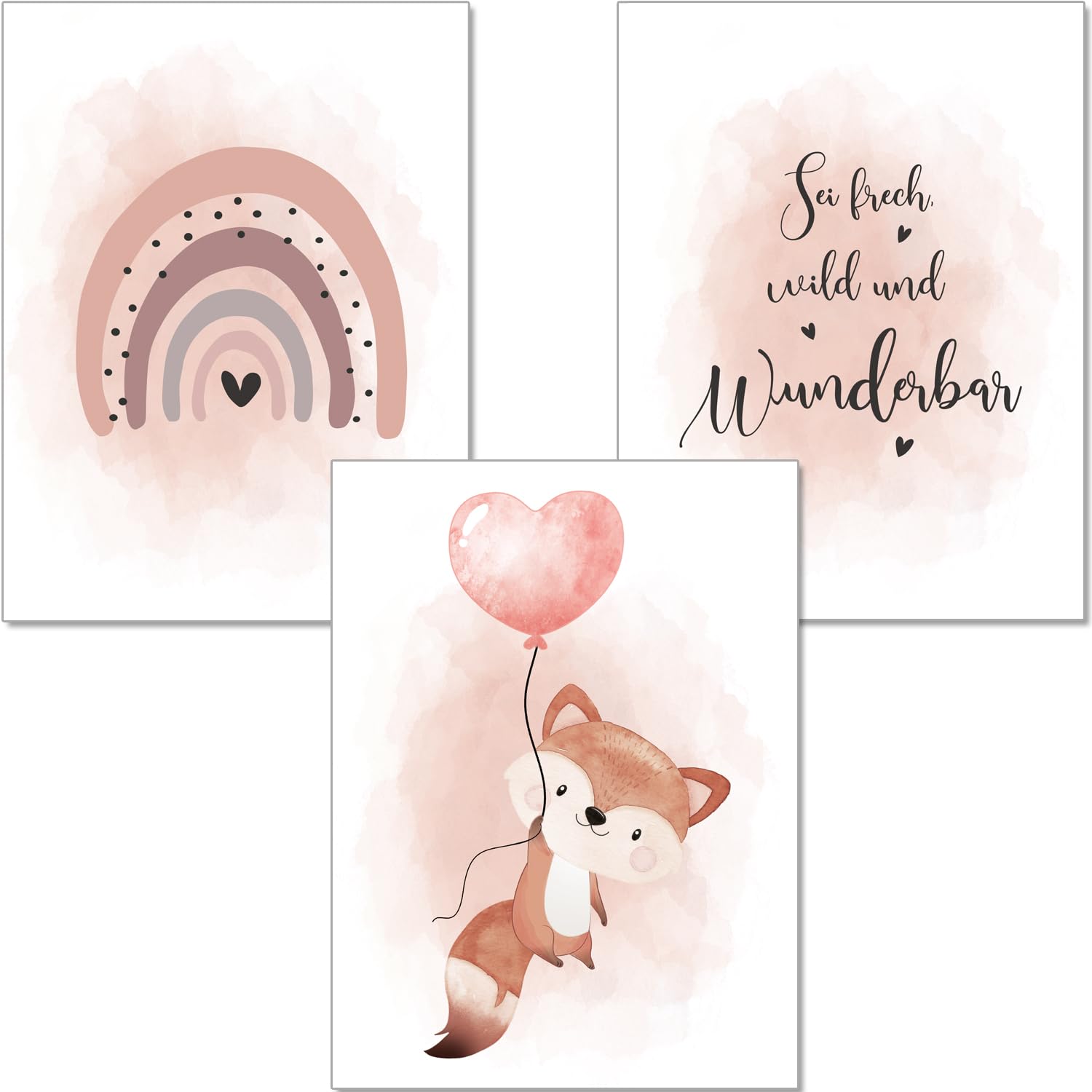 artpin® Children's Bedroom Poster, Set of 3 Pictures Baby Room Girls, Dusky Pink Balloon Rainbow Fox K3