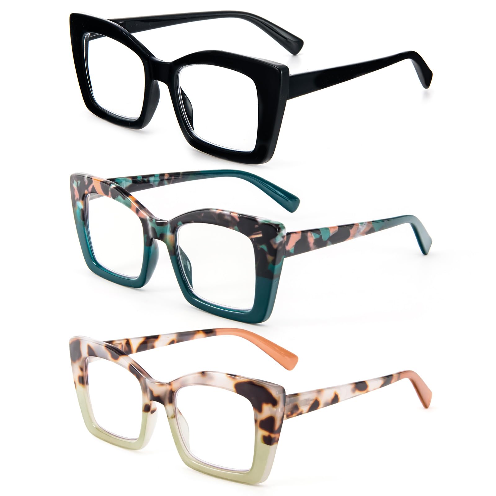 MMOWW 3 Pack Oversized Reading Glasses for Women Square Frame Fashion Style Blue Light Blocking Readers (3 Packs, +1.5)