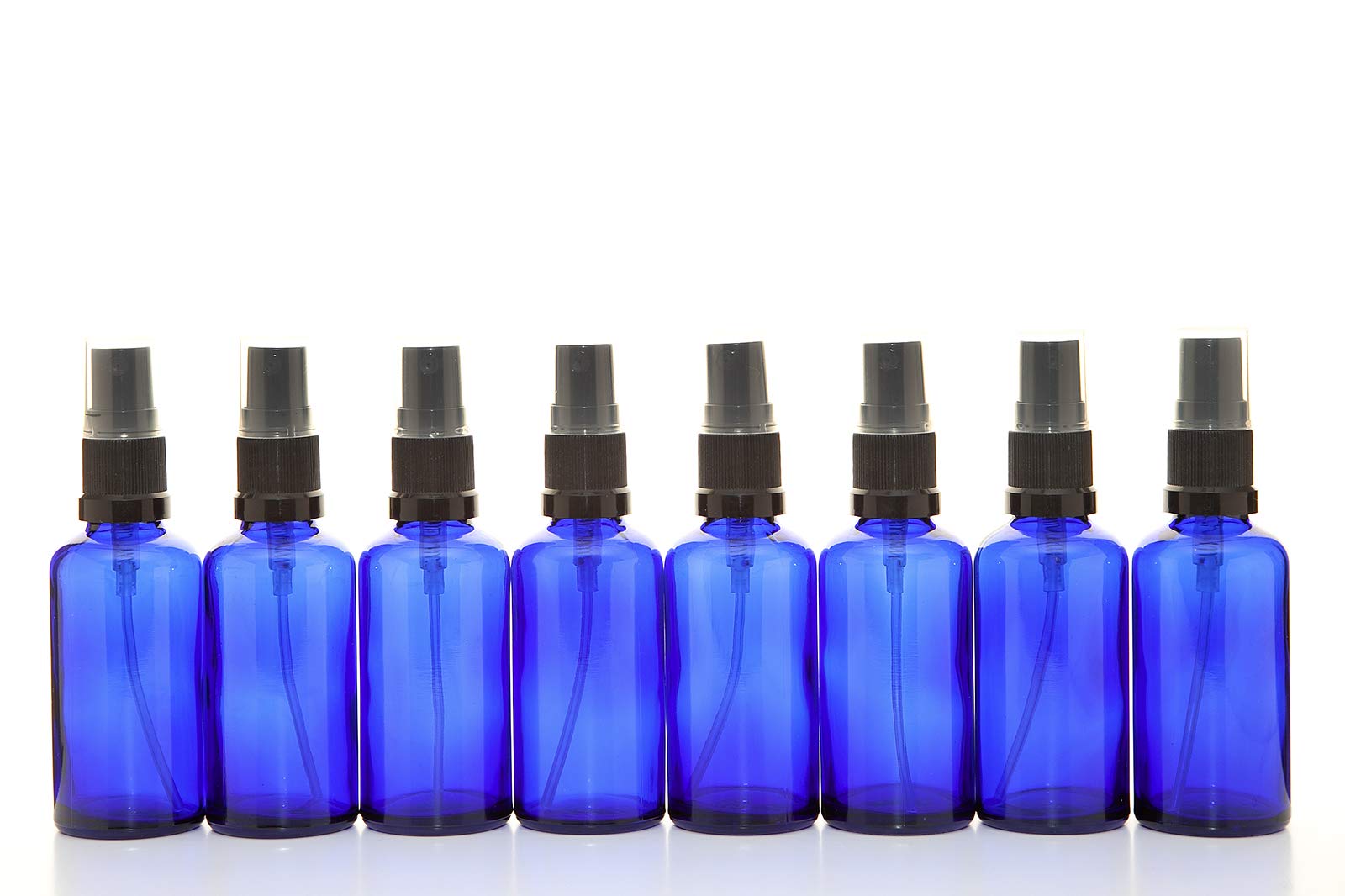 Aura 50ml BLUE Glass Bottles with Black ATOMISER Sprays - PACK of 8