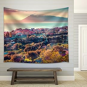 Colorful Spring Sunset in The Solanto Village, Mediterranean Sea - Fabric Wall Tapestry Home Decor - 51x60 inches