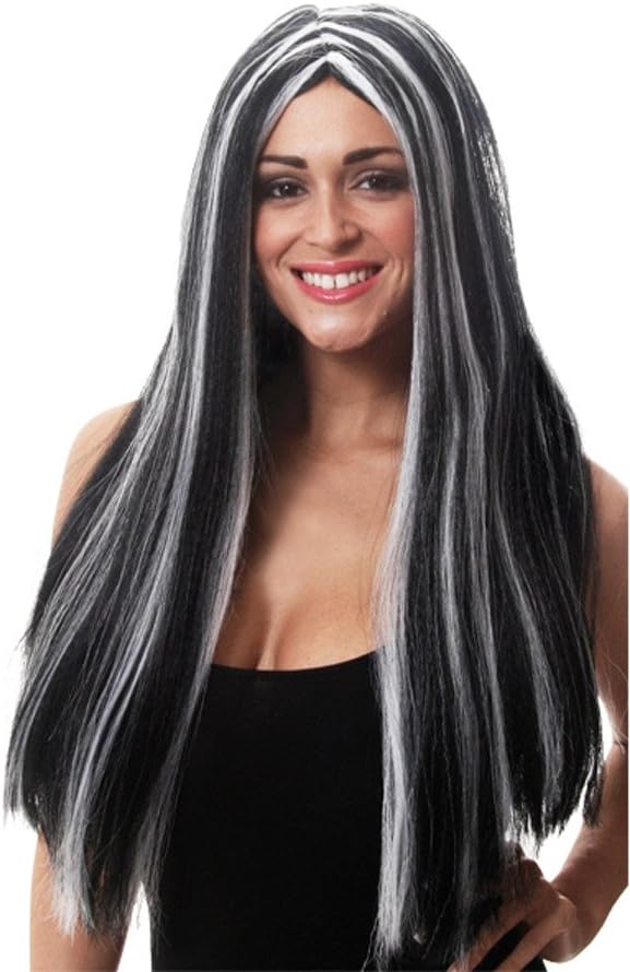 HENBRANDT 65cm Black & White Morticia Wig Halloween Costume Accessory