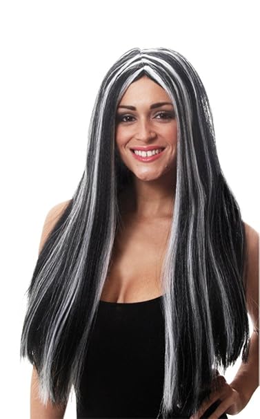 Halloween 65cm Long Black White Morticia Wig Amazon Co Uk Clothing