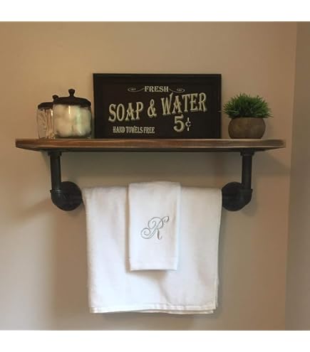 Industrial Bathroom Shelves Rustic Wood Shelves With Towel Bar 24" Farmhouse She