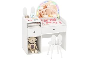 Costzon Kids Vanity, Girls Vanity Set with Mirror and Stool and Lights, Drawers & Storage Compartments, Toddler Makeup Vanity Desk Dressing Table, Wooden Kids Vanity Table and Chair Set (White)