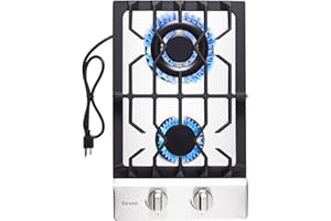 TOPWISH 12 Inch Gas Cooktop, Propane Stove Top with 2 ITALY SABAF Sealed Burners 18,000BTU, NG/LPG Convertible Built-in Stainless Steel Stovetop with Thermocouple Protection for Rvs Kitchen Outdoor