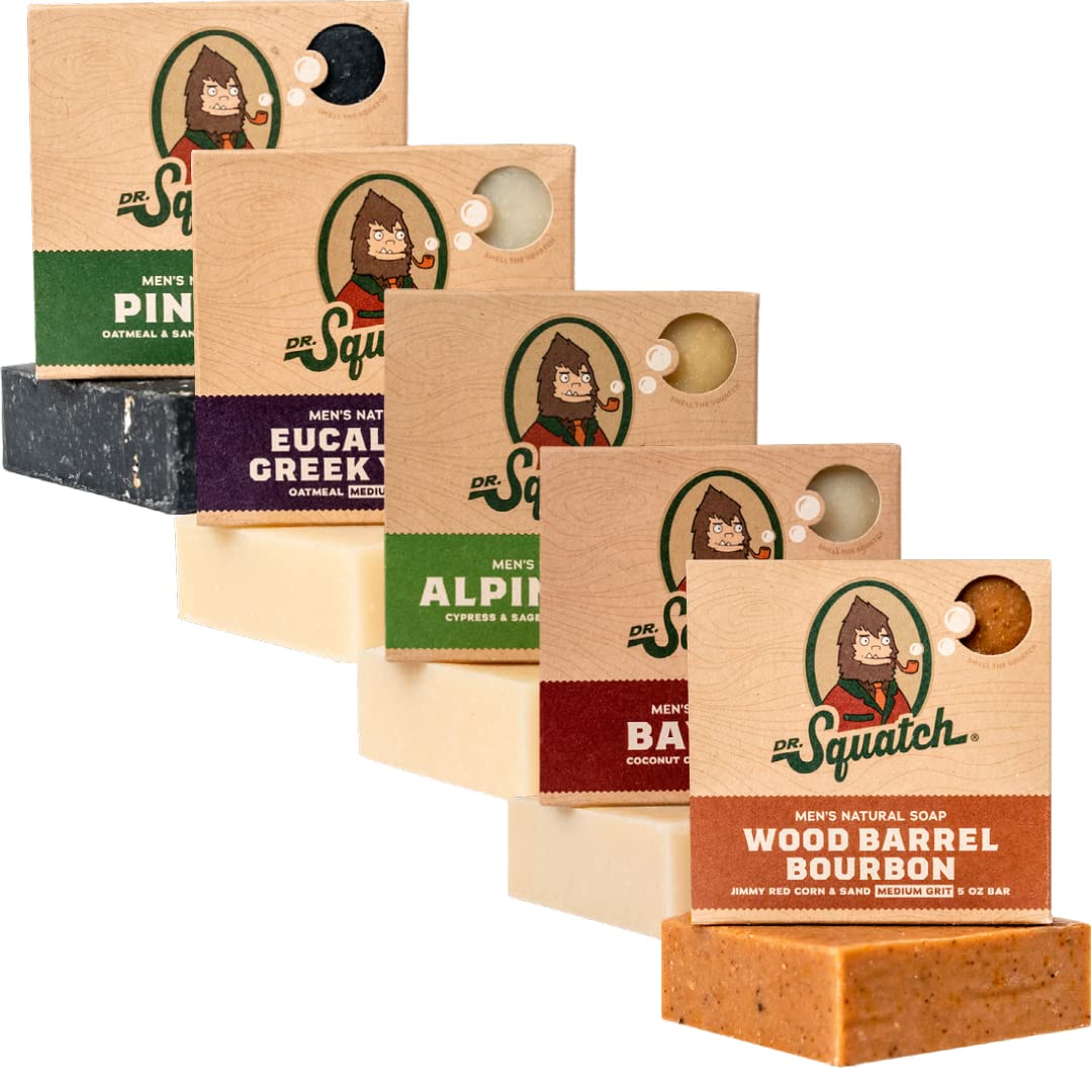 Dr. Squatch Natural Men’s Bar Soap Gift Set - Cold Process Body Soap Bar with Natural Oils - Gifts for Men - Alpine Sage, Bay Rum, Pine Tar, Eucalyptus Greek Yogurt, Wood Barrel Bourbon (142g, 5 pack)