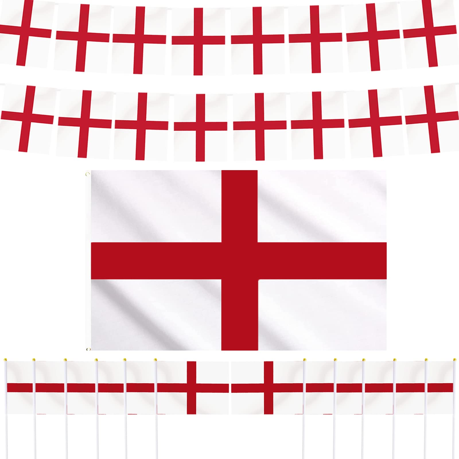 AhfuLife England St Georges Flags Bunting Set for St. George's Day Decorations, 12m England Bunting, 12pcs Handheld Small Flags and 1pcs 5ft x 3ft Flag for Rugby Euro Football World Cup Party Decor