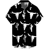 VIPWOLF Men's Cow Graphic Button Up Shirts Short Sleeve Collared Vacation Casual Shirt