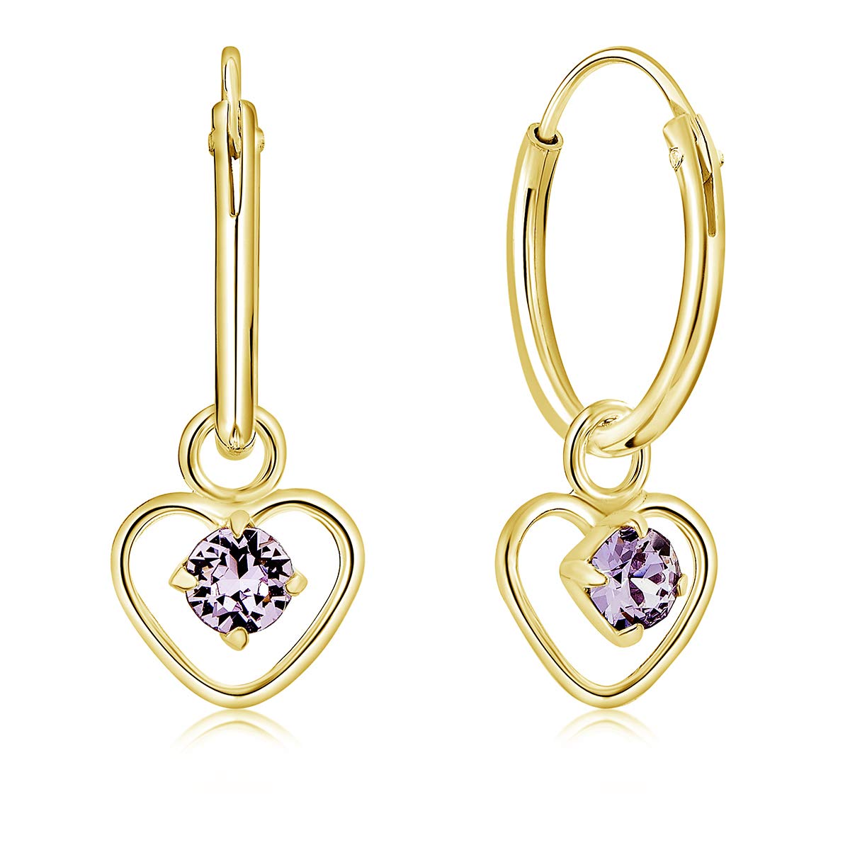 Gold Plated Earrings with Dangling Heart - 925 Sterling Silver Hoop Earrings for Women 24K Gold Plated with Purple Crystals - Hypoallergenic Nickel Free for Sensitive Skins