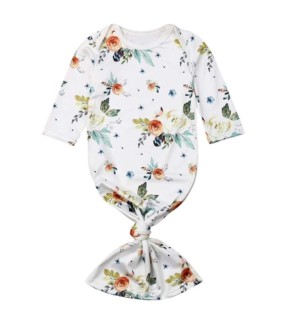 Newborn Baby Boy Girl Floral Nightgowns Bowknot Headband Hat Sleepwear
