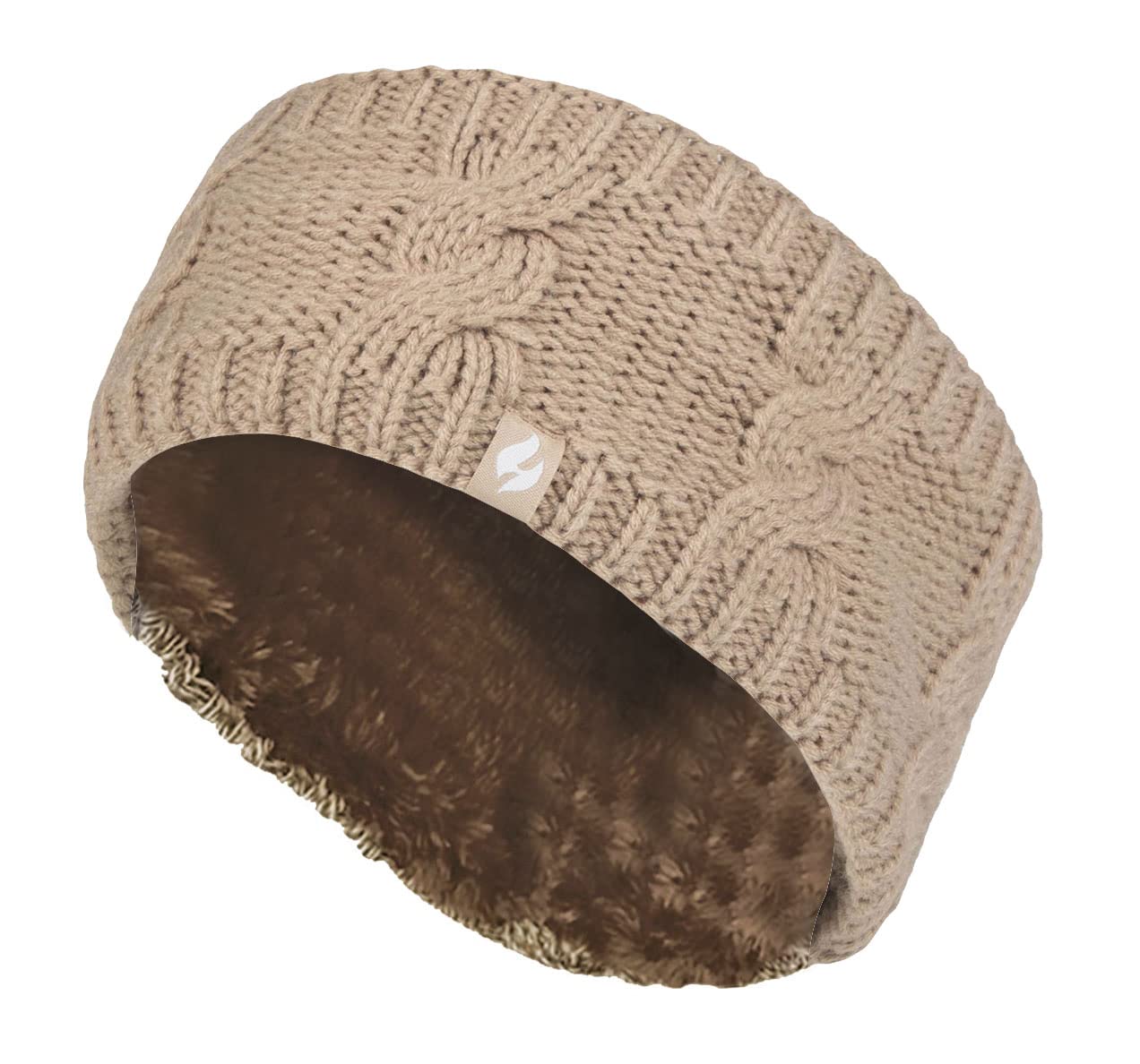 Heat Holders - Ladies Thick Cable Knitted Fleece Lined Thermal Winter Empty Skull Ear Warmer Headband (One Size, Beige)