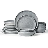 Famiware Porcelain kitchen plates and bowls set, Modern dishes set for 4, Handmade Wave Edge Dinnerware Sets, Microwave and Dishwasher Safe Tableware, Sleek Grey (16pc)