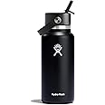 Hydro Flask Water Bottle - Insulated Stainless Steel - Wide Straw Lid, Non Spill, Leakproof in 32 Oz Black
