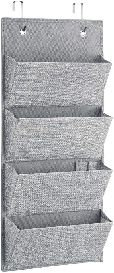 mDesign Soft Fabric Wall Mount/Over Door Hanging Storage Organizer - 4 Large Cascading Pockets - Holds Office Supplies, Planners, File Folders, Notebooks - Textured Print - Gray : Office Products