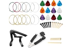 40 Piece Acoustic Guitar Accessories Kit All in One with Guitar Strings Capo Picks 3-In-1 Restring Tool Bridge Pins and Nuts 