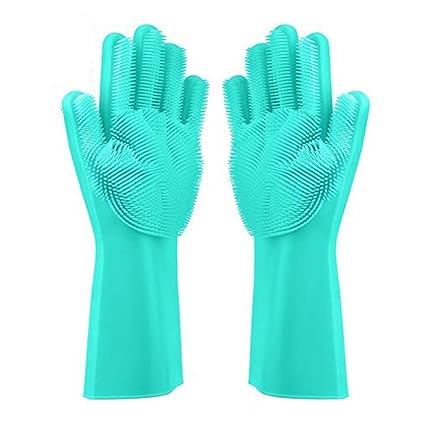 Alciono Magic Dishwashing Gloves with Scrubber, Silicone Cleaning Reusable Scrub Gloves for