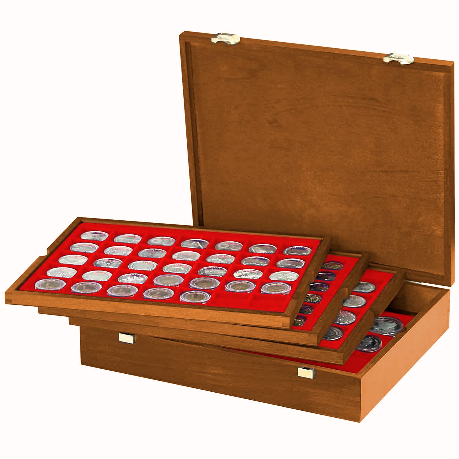 Lindner Real Wood Coin Box with 4 Light Red Trays for 127 Coins of Different Diameters