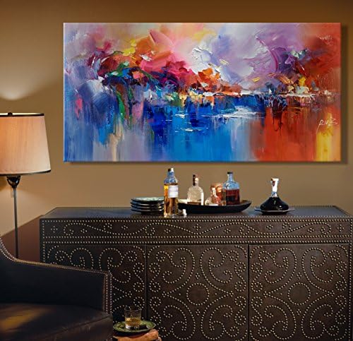 YOEG ART Modern Abstract Colorful Forest Reflection in Lake Landscape Oil Paintings Wall Art Print on Canvas for Living Room Home Decor (24x48inch)