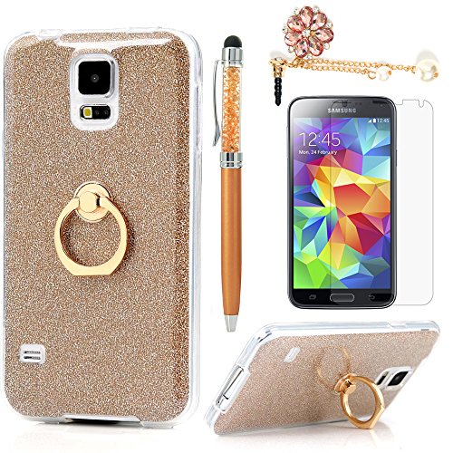 Badalink Galaxy S5 Case 360 Degree Rotating Ring Holder Kickstand Shockproof Drop Protection TPU Flexible Bumper with Detachable Shiny Shell Slim-Fit Protective Cover for Samsung Galaxy S5 - Gold