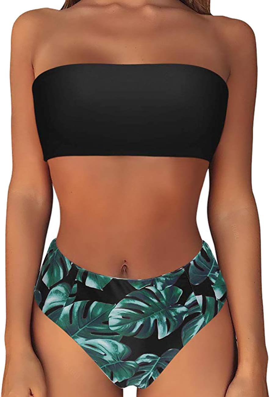 CROSS1946 Women's Padding up Sexy Bikini Set Solid Color Strapless Bandeau Swimsuit High Waist Beachwear