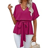 FSHAOES Womens V Neck Blouse Short Sleeve Belted Casual T-Shirts Basic Tee Tops