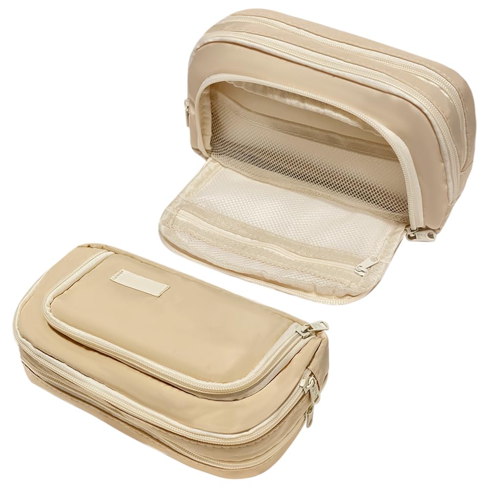 Liujiami Pencil Case Large Capacity 3 Compartments School Student Stationery Organiser for Kids Adults Office Makeup Cosmetic Bag Beige