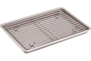 CHEFMADE Roasting Pan with Rack, 13-Inch Non-Stick Rectangular Shallow Dish Sheet Pan with Wire Rack for Oven Baking, BBQ, Jelly Roll and Roasting 9" x 13" x 1" (Champagne Gold)