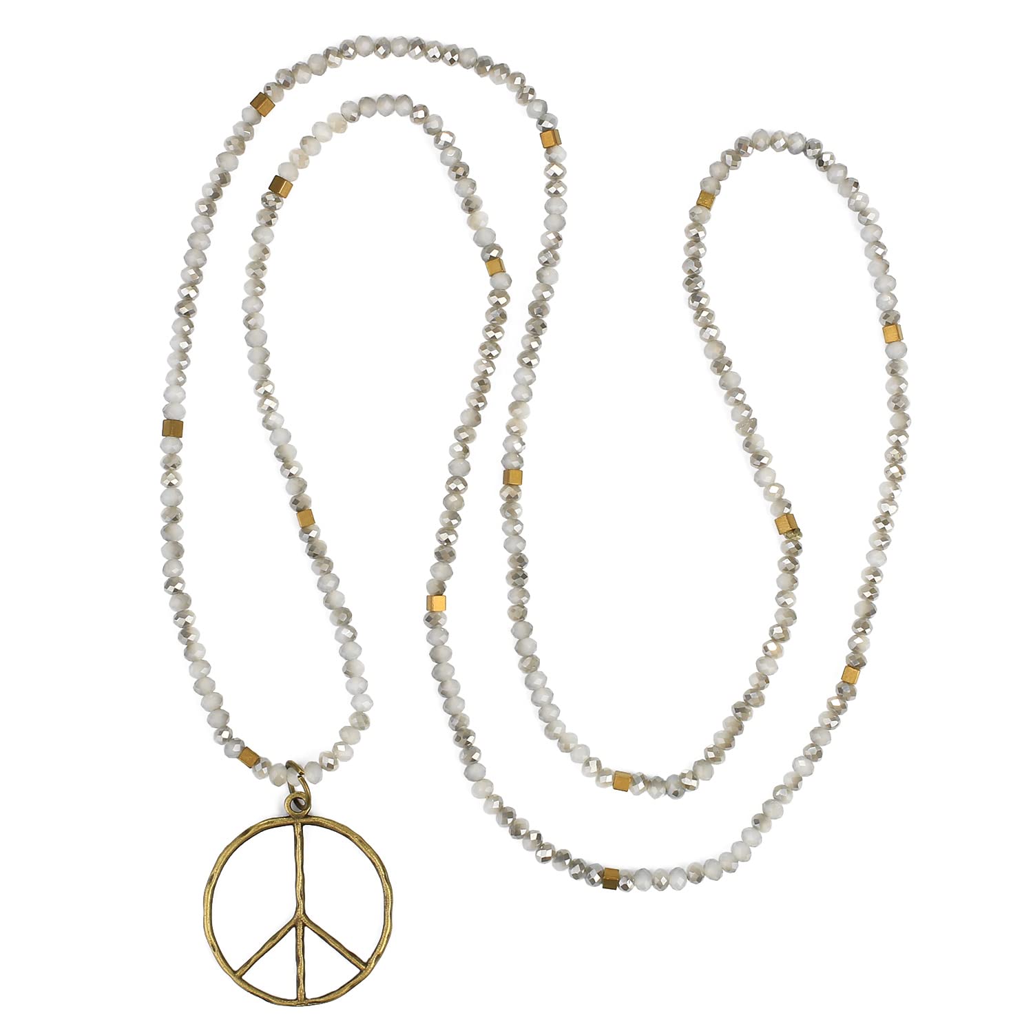 KELITCH Classic Peace Pendant Necklace Love Hippie Frosted Crystal Beaded Necklaces (Grey White)