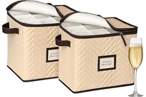 Champagne Flute Storage Boxes with Dividers - Set of 2 - Each Holds 12 Glasses up to 3.75" Wide - Quilted Microfiber Case wit