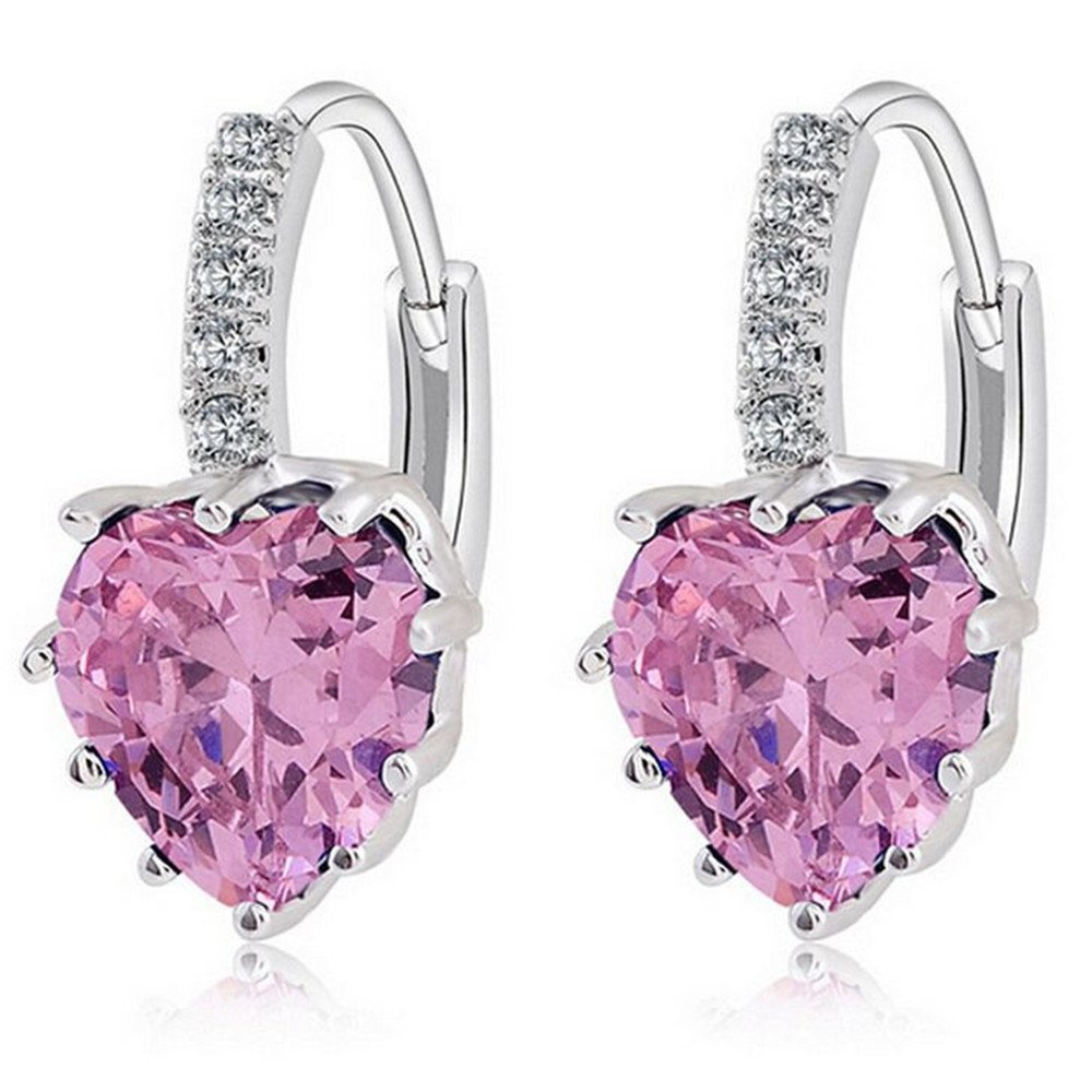 Uloveido Hot Pink Dangle Heart Earrings for Women, Platinum Plated Wedding Bridal Earrings for Girls with Pink Heart Cubic Zirconia Stone BME131