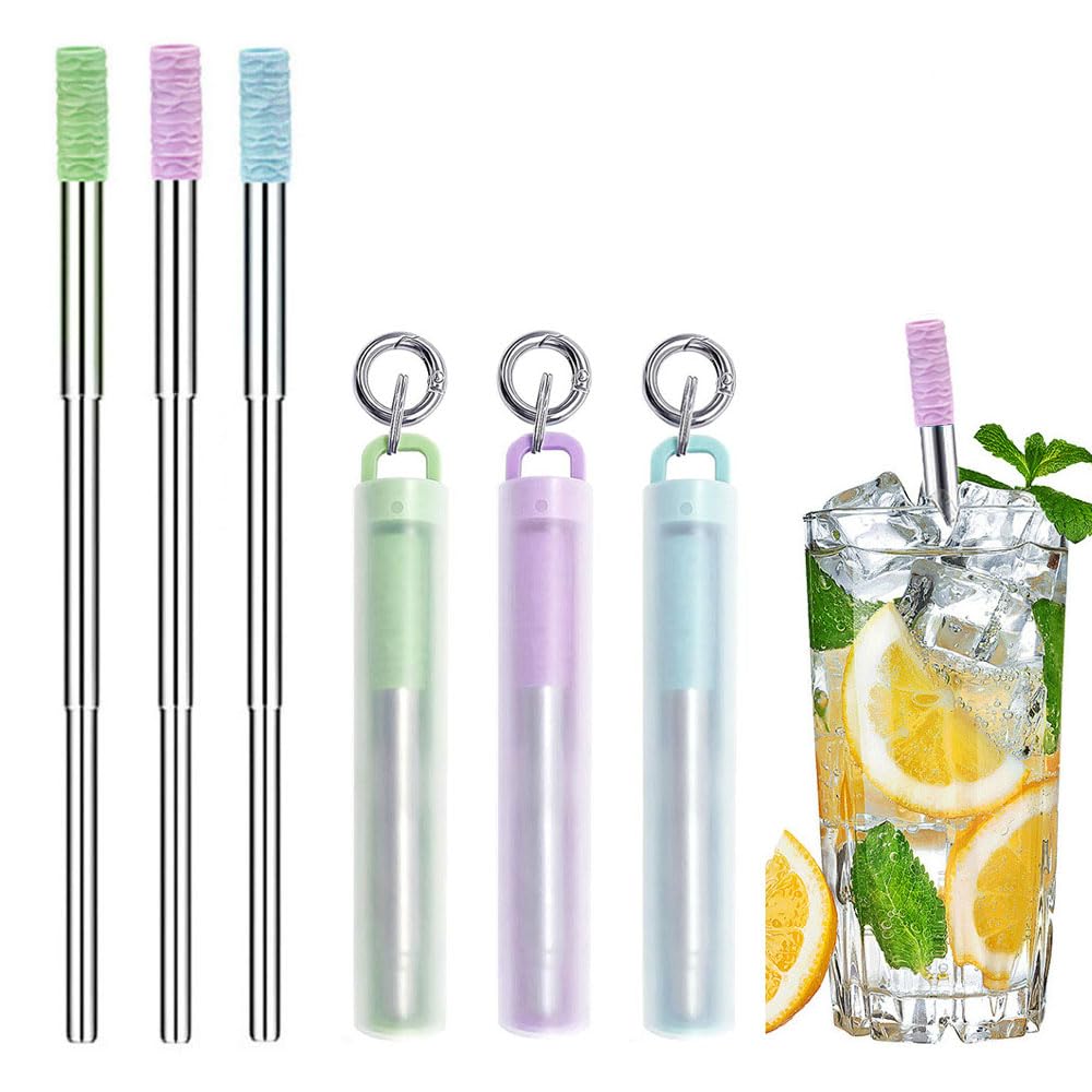 Fudinu Stainless Steel Straws with Silicone Tip, 3 Pack Reusable Metal Straws, Portable Collapsible Straws with Cleaning Brush and Key Ring Case, Drinking Straws for Travel Home Office(3 Colors)