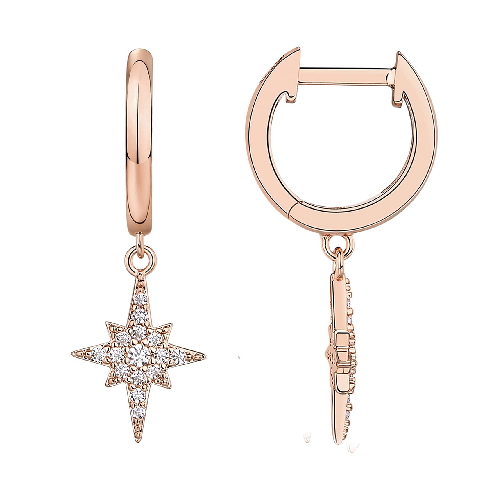 PAVOI 14K Rose Gold Plated S925 Sterling Silver Post Drop/Dangle Huggie Earrings for Women | Dainty Star Earrings