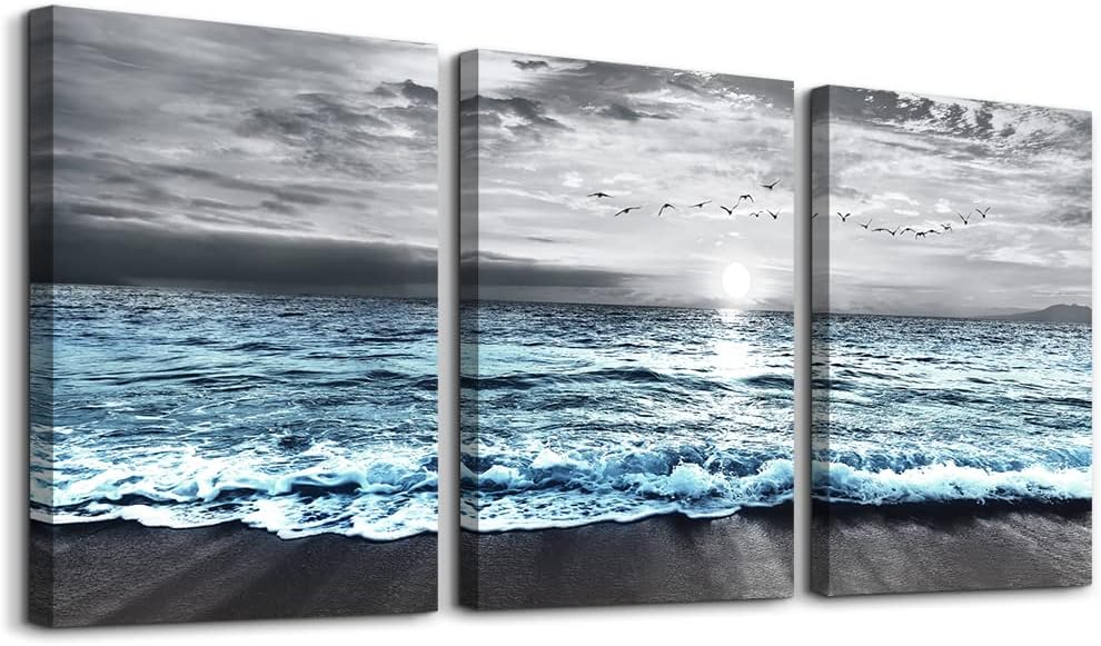 Paintings - Wall Decorations For Living Room 3 Piece Framed Canvas Wall Art For Bedroom Office Wall Decor Black And White Wall Painting Blue Ocean Sea Wave Pictures Artwork For Modern Beach Posters Home Decor