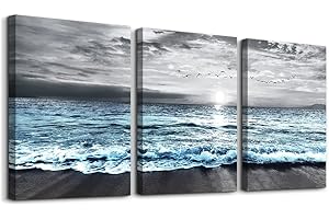 DZRWUBHS Wall Decorations For Living Room 3 Piece Framed Canvas Wall Art For Bedroom Office Wall Decor Black And White Beach Wall Painting Blue Ocean Wave Pictures Artwork Modern Posters Home Decor
