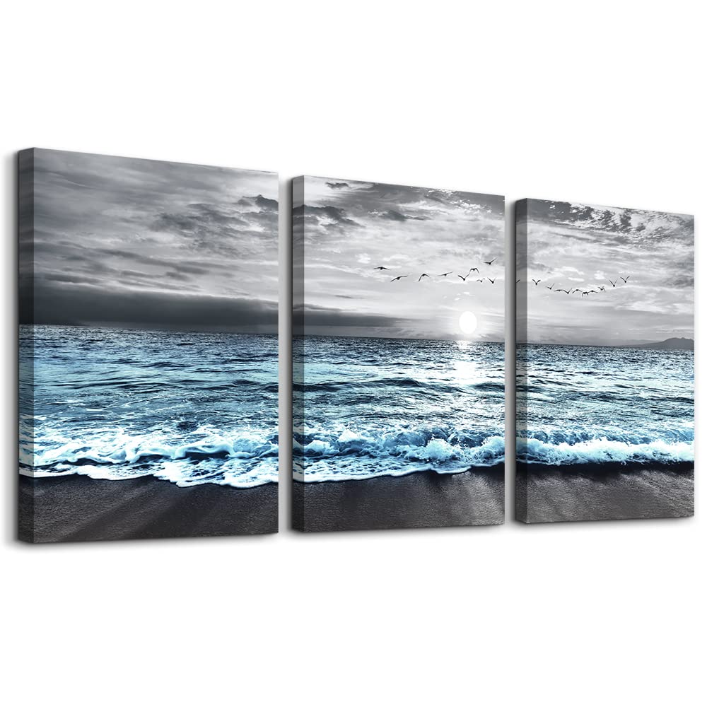 MHARTK66 Blue Beach Gray Sky Sunrise Canvas Wall Art for Living Room, Sea Ocean Landscape Modern Art Print Bathroom Pictures Bedroom Wall Decor, Family Prints Paintings Office