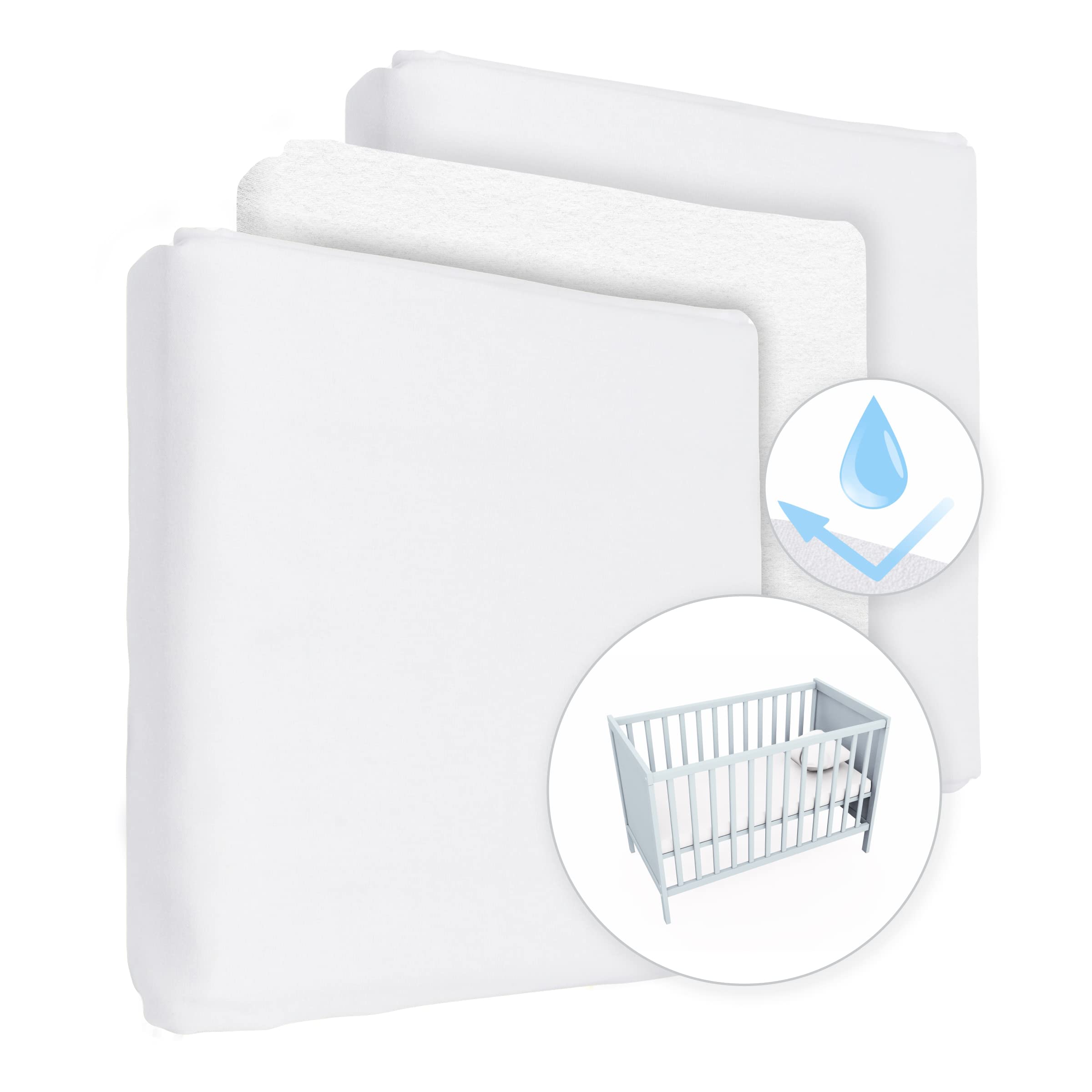 2 Jersey 100% Cotton Fitted Sheets with 1 Waterproof Mattress Protector for 120x60 cm Cot (White)