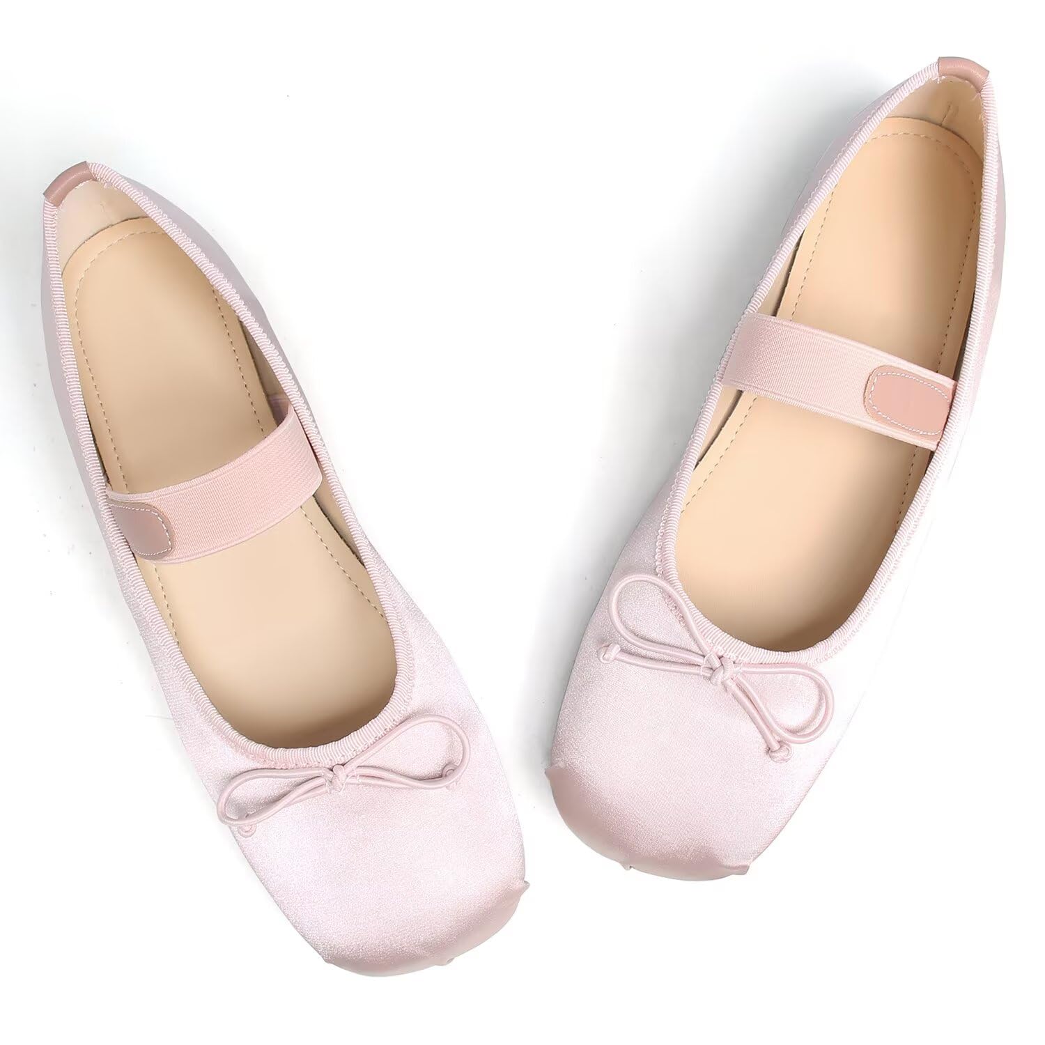 Photo 1 of LUXINYU Mary Jane Shoes for Women Cute Bowknot Comfortable Square Toe Satin Dress Shoes Elastic Band Ballet Flats,Pink 10.5