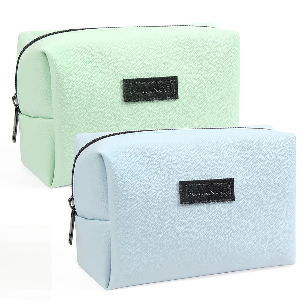 Small Makeup Bag MAANGE 2 Pcs Travel Cosmetic Bag Makeup Pouch PU Leather Portable Versatile Zipper Makeup Bags for Women (Blue+Green)