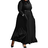 FANDEE Plus Size Maxi Dress for Women Classy High Waist Wedding Guest Dress Casual High Neck Long Sleeve Swing Dresses