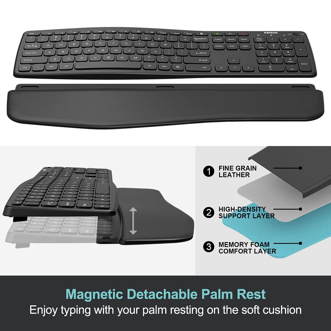 Arteck Bluetooth Universal Wave Comfortable Keyboard with Palm Rest - Multi-Device Full Size Wireless Keyboard for Windows iOS iPadOS Android, Computer Desktop Laptop Surface Tablet Smartphone