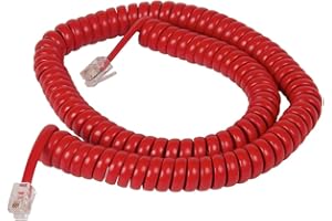 Cablesys Coiled Telephone Handset Cord for Use with PBX Phone Systems, VoIP Telephones - 12 Ft Uncoiled, Rj22, 1.5 Inch Lead on Both Ends, Cherry Red