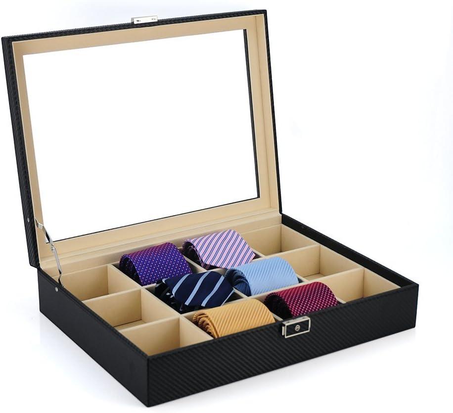 Tie Display Case for 12 Ties, Belts, and Men's Accessories Black Carbon