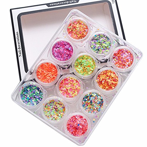 WOKOTO Mixed Colors Iridescent Flakes Nails Round Colorful Nail Glitter Sequins Decals 3D Nail Art Decorations 12 Boxes Set