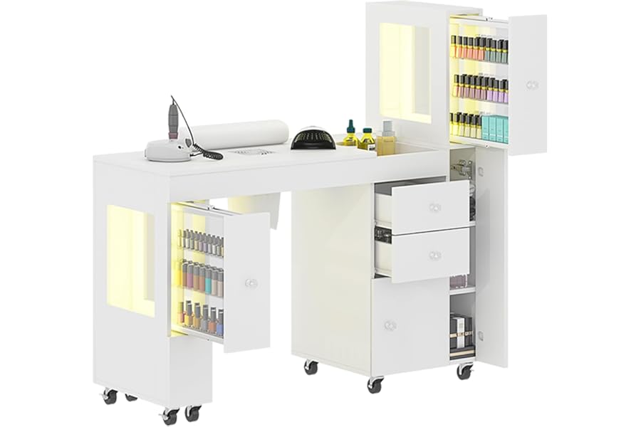 Manicure Table for Nail Tech w/ LED Light Display Cabinet, Nail Desk with Lockable Wheels, Dust Collector, Drawers, Wrist Rest, Acetone-Resistant, for Beauty Salon, Spa & Home Workstation (White)