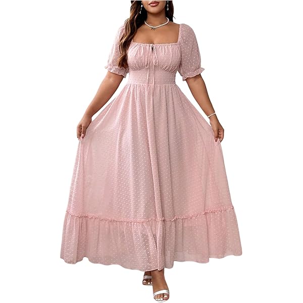 Verdusa Women's Plus Size Floral Puff Sleeve Knee Length Summer Dress Shirred A Line Flowy Dresses