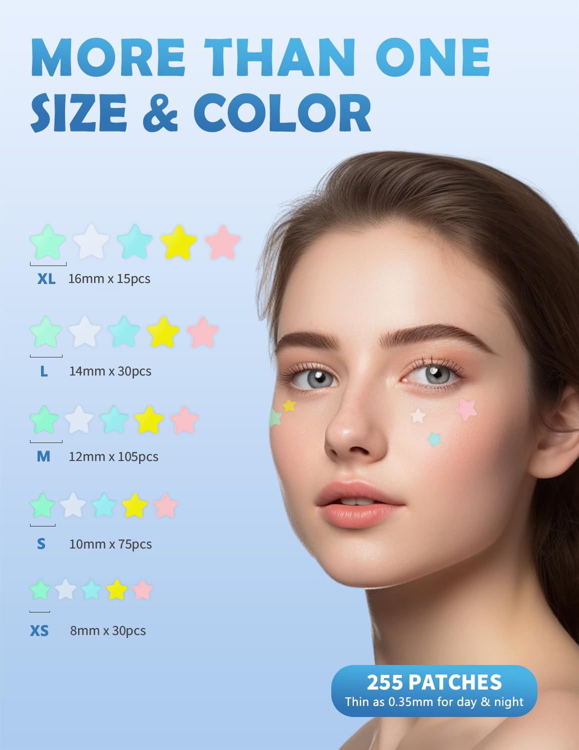 Pimple Patches for Face, Star Hydrocolloid Acne Patches Professional 255 ct. 5 Colors & 5 Sizes(8/10/12/14/16mm) Suit Various Blemish, Cute Spot Stickers Invisible Zit Absorbing, Tea Tree