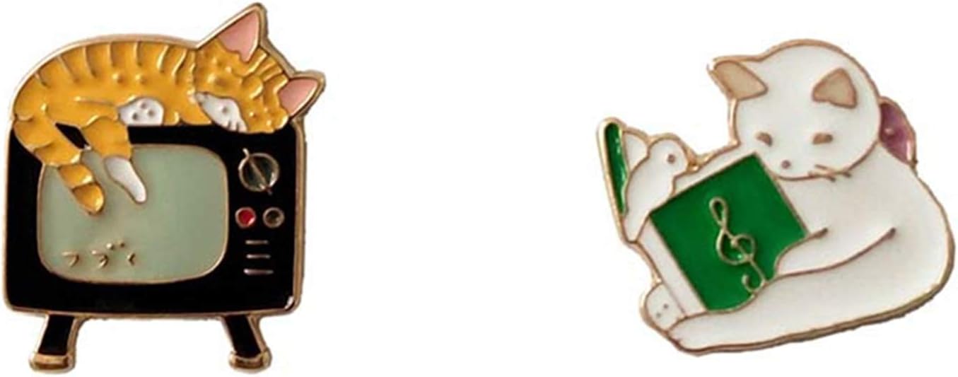 CAROMAY 2 PC Cat Lapel Pins Set Kawaii Funny Cartoon Sleeping Reading Cat Enamel Brooch Boys Girls for Jacket Women Men