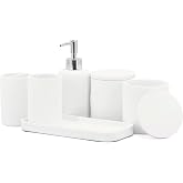 ZCCZ White Bathroom Accessories Set 6 Pieces - Toothbrush Holder, Lotion Dispenser, Qtip Container, Vanity Tray, Tumbler - Countertop Organizer for Bathrooms - Elegant and Functional D&eacute;cor Set