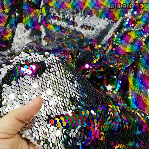 DUOBAO Rainbow to Silver Mermaid Fabric by The Yard Two Tone Sequin Fabric Sequence Fabric Reversible Unique Quality Fabrics Mesh Sequins