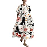 Biacolum Plus Size Boho Summer Dresses Trendy Japanese Art T Shirt Dress A-line Crew Neck Short Sleeve Summer Dresses